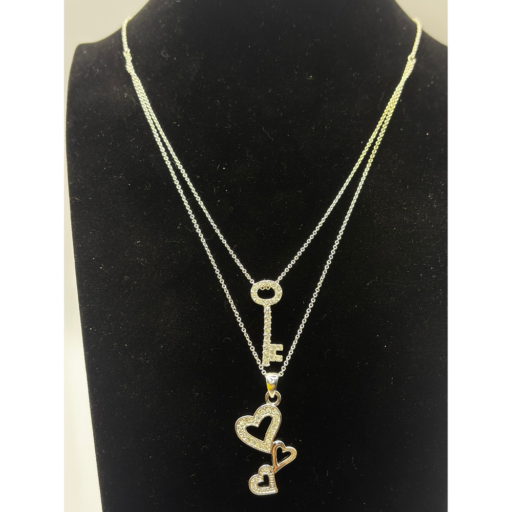 Social Gallery Silver Tone‎ Layered Key and Triple Heart Rhinestone Necklace 15"